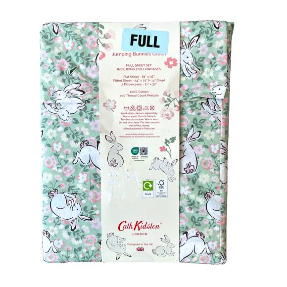 Cath Kidston london JUMPING BUNNIES GREEN Floral 4pc FULL Sheet Set NEW - Picture 8 of 10